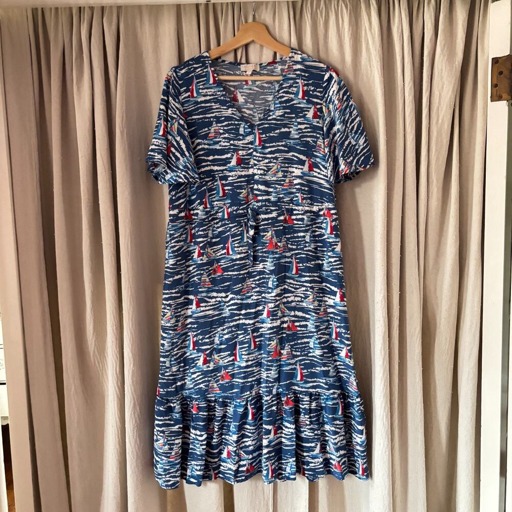 Stitch by Chenault Sailboat Print Rayon Midi Dress L‎ Navy Nautical